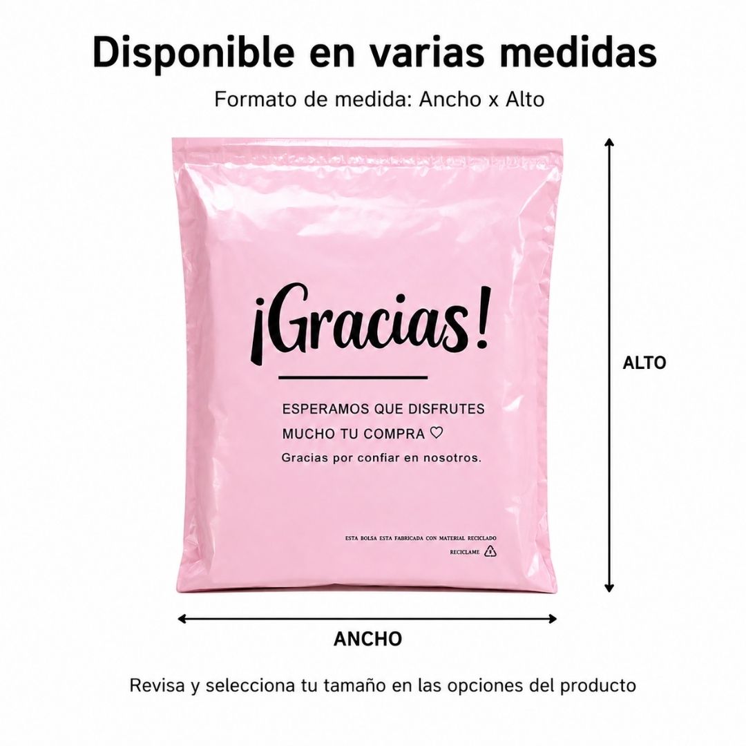 Pack de 100 Bolsas Para Envíos Rosada "Gracias"
