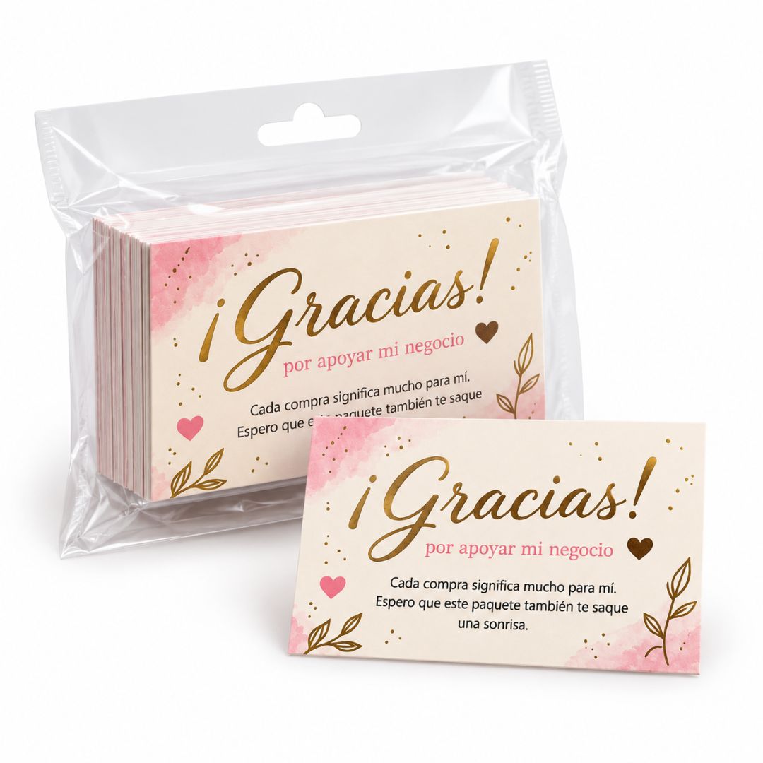 Pack 50 Tarjetas De Agradecimiento Rosadas “Gracias”