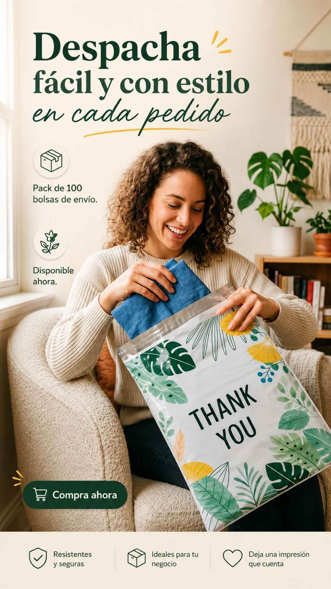 Pack De 100 Bolsas de Envío Thank You Hojas