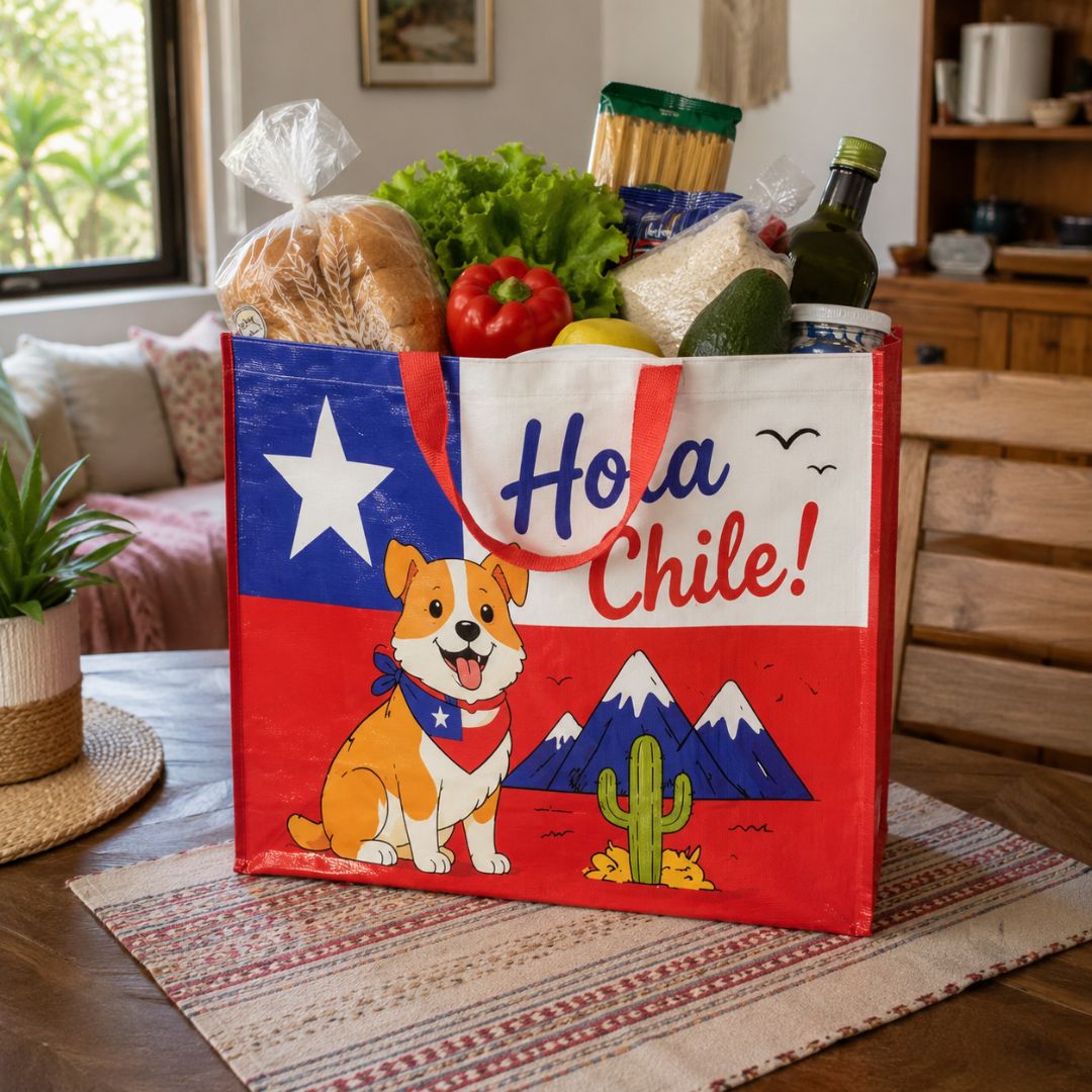 Pack De 12 Bolsa Tejida Ecológica Hola Chile 52x42x20 cm