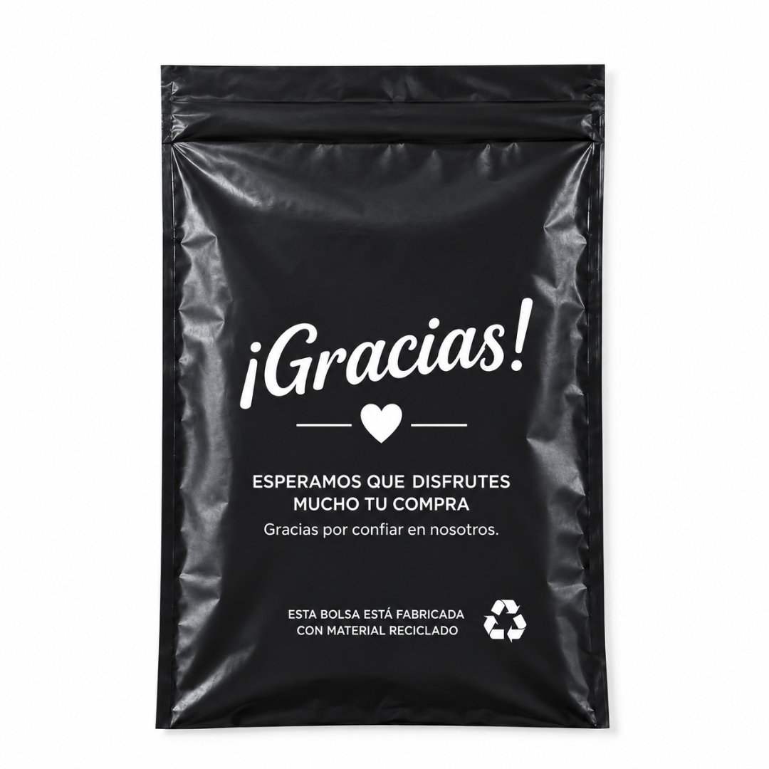 Pack de 100 bolsas de envío negras con mensaje ¡Gracias!