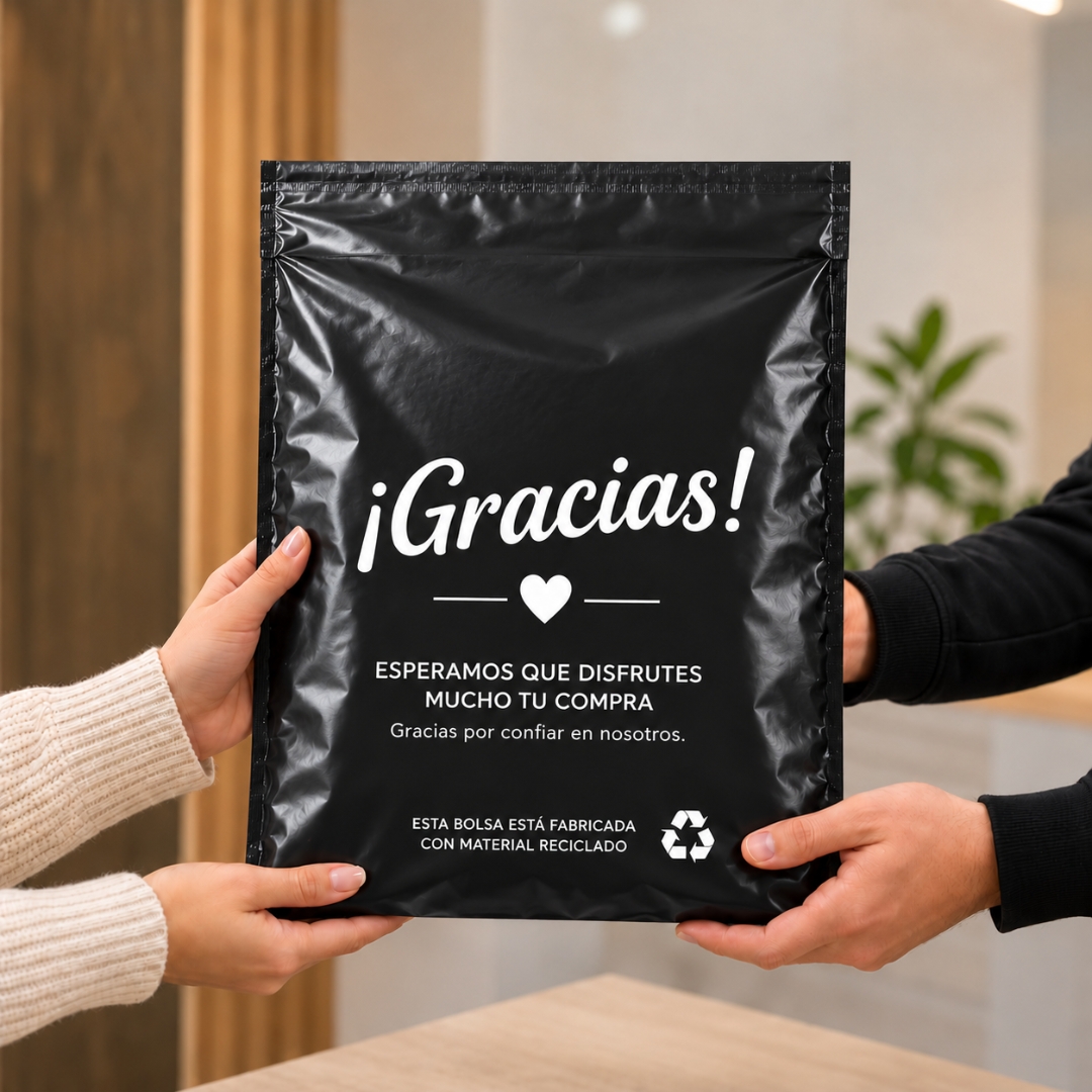 Pack de 100 bolsas de envío negras con mensaje ¡Gracias!