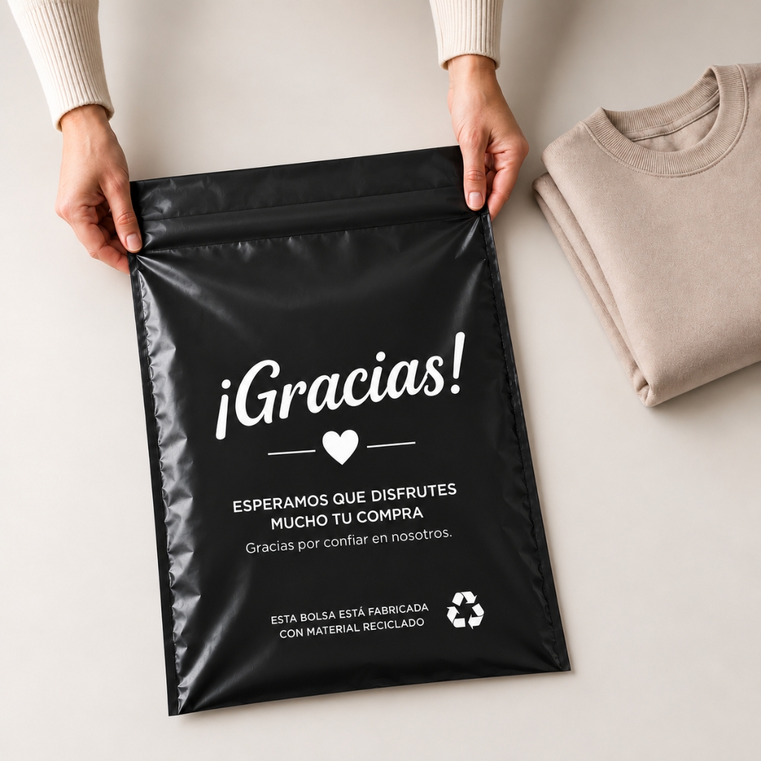 Pack de 100 bolsas de envío negras con mensaje ¡Gracias!
