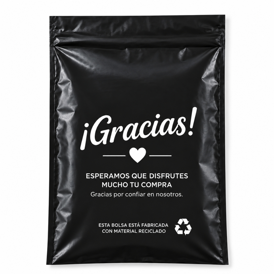 Pack de 100 bolsas de envío negras con mensaje ¡Gracias!