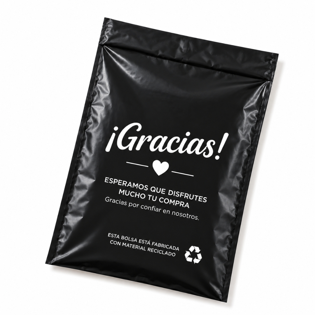 Pack de 100 bolsas de envío negras con mensaje ¡Gracias!
